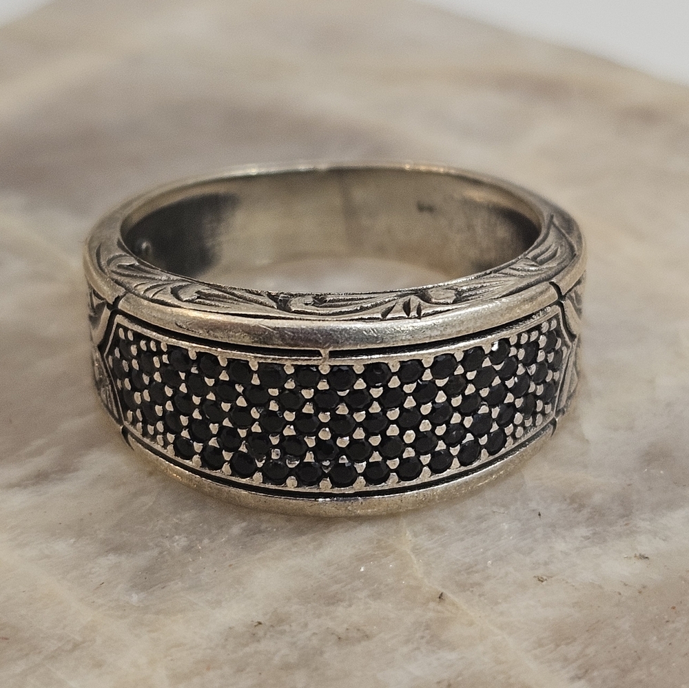 Handmade Sterling Silver Men's 925 Black Zircon Stone Ring Band Size 9 3/4 US